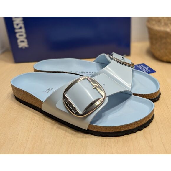 Birkenstock Shoes - Birkenstock Madrid Big Buckle Baby Blue Natural Leather Patent Sandals EU 41 NIB